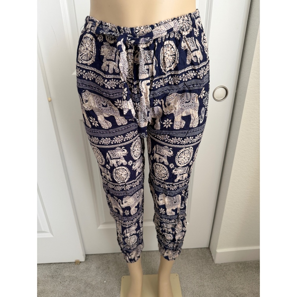 Womens Navy Blue Elephant Print Rayon Harem Jogger Pants Boho Yoga Trousers XS